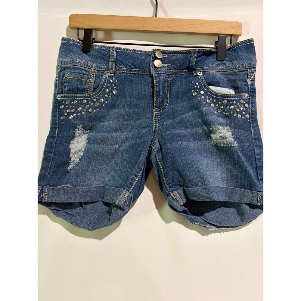No Boundaries Denim Shorts Distressed Bedazzled Medium Wash Y2K Revival‎ Size 9